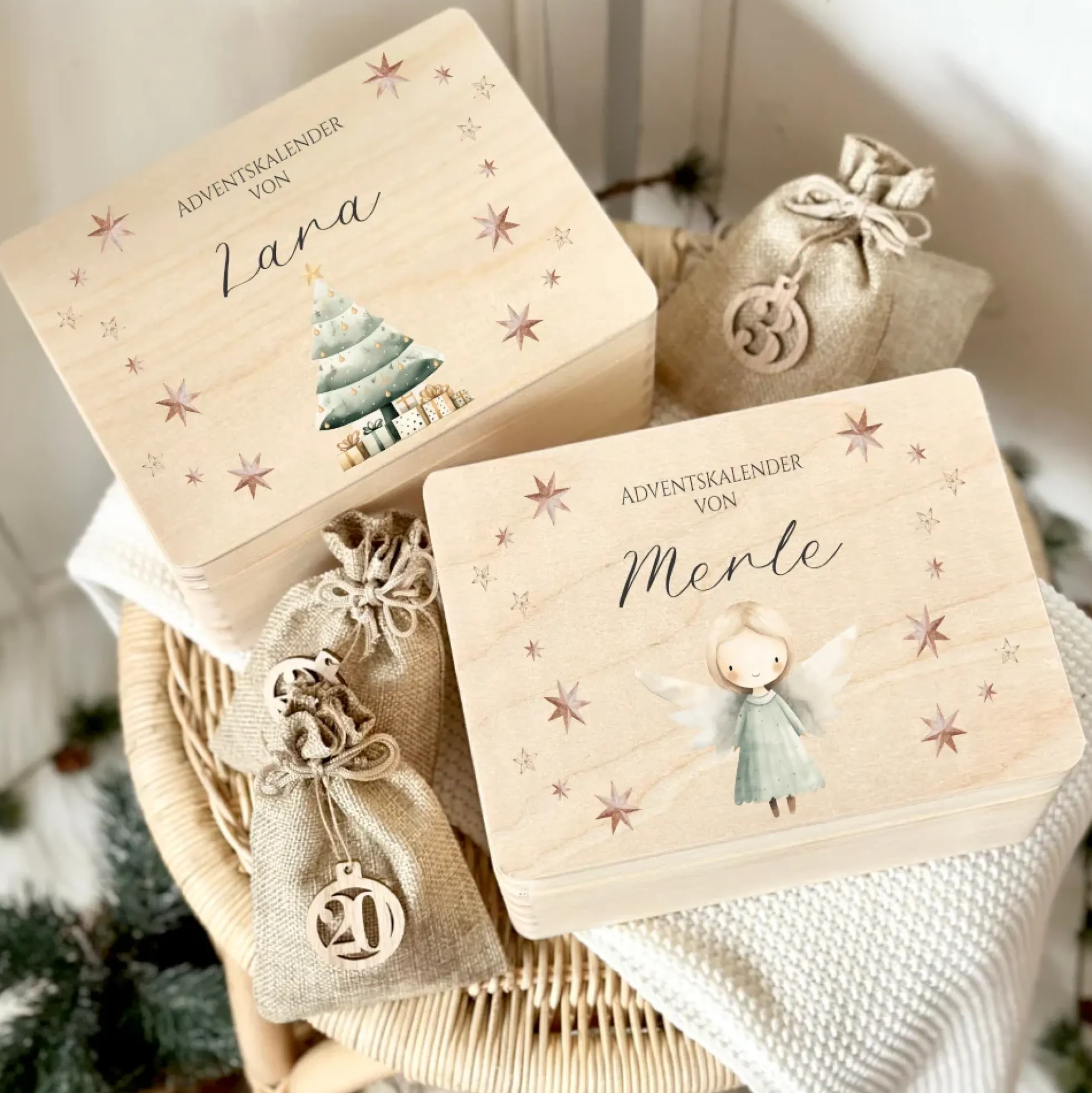 Personalisierter Adventskalender zum Befüllen, Adventskiste mit Tannenbaum und Engel zum Auswählen