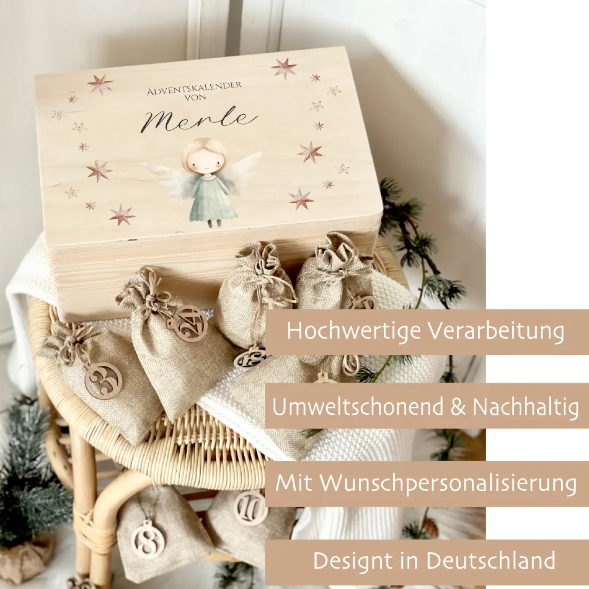Personalisierter Adventskalender zum Befüllen, Adventskiste mit Tannenbaum und Engel zum Auswählen