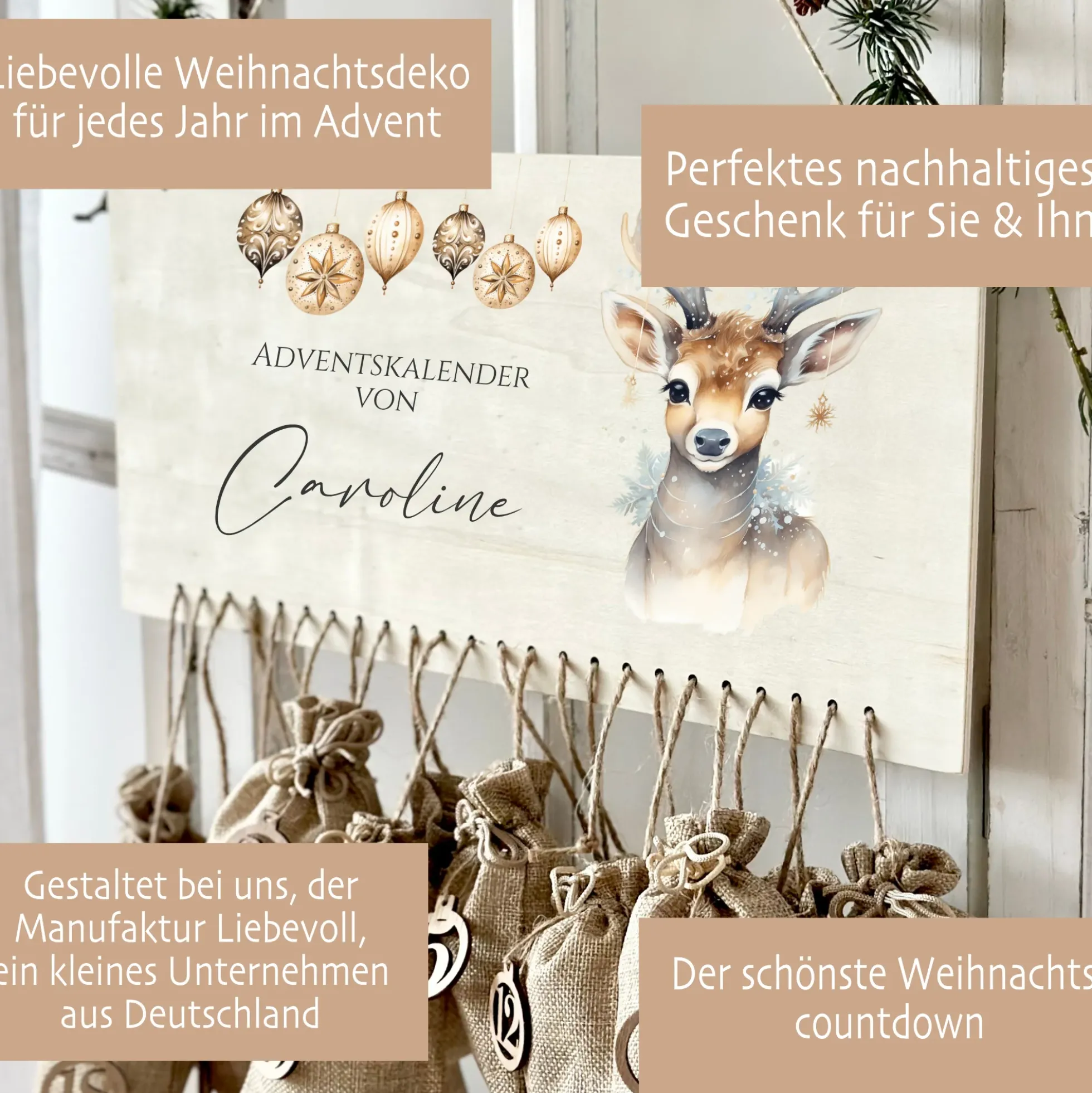 Personalisierter Adventskalender "Rehkitz" für Frauen mit Namen zum Befüllen für die Adventszeit