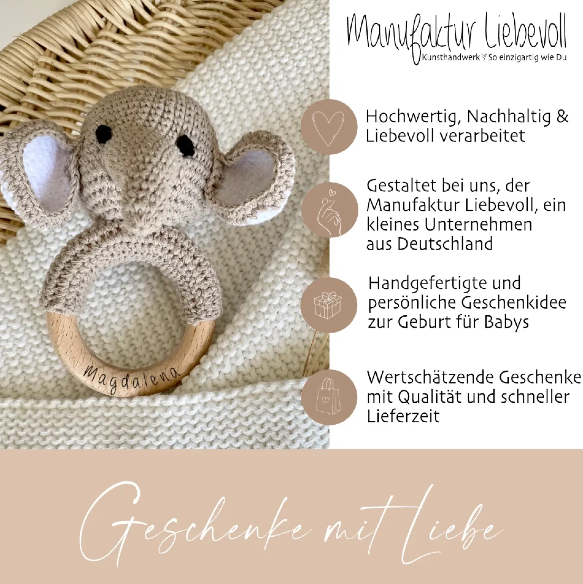 Personalisierte Rassel aus Baumwolle u. Holz für Babys, Greifring mit Namen für Neugeborene