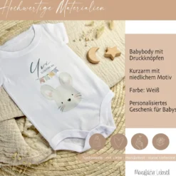Personalisierter Babybody, Babygeschenk zur Geburt, Größe: 50/56, Motiv: Hase