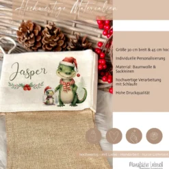 Personalisierter Dinosaurier Weihnachtsstrumpf für Jungen mit Namen zum Nikolaus und Weihnachten | Nikolausstrumpf Geschenkidee für Kinder I 7 Motivvarianten zur Auswahl