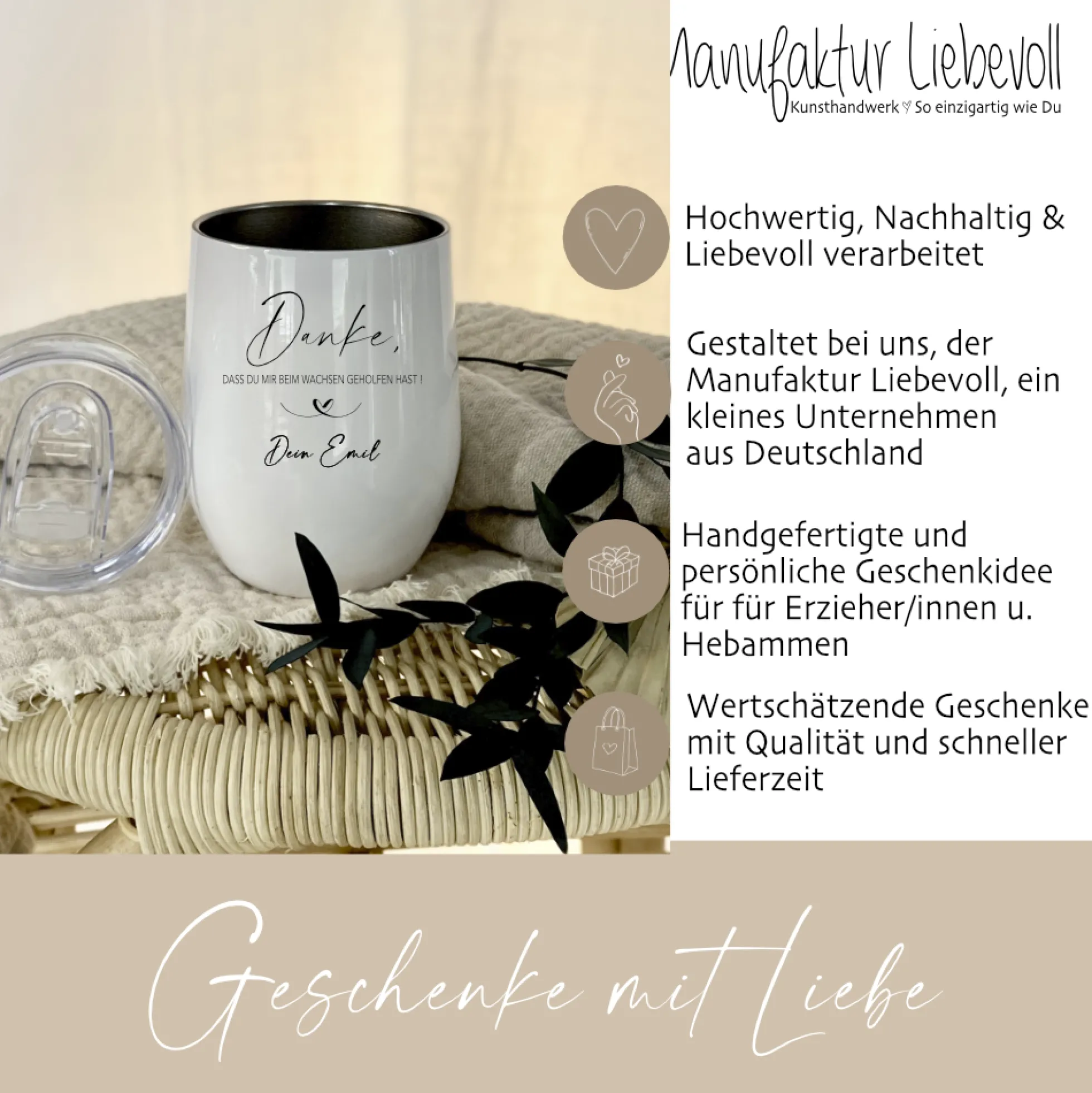 Personalisierter Edelstahlbecher als Dankeschön für Erzieher/innen u. Hebammen | Individuelles Dankeschön
