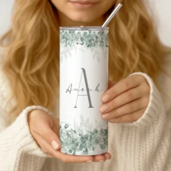 Personalisierter Edelstahl Thermobecher mit Namen & Initialen Eukalyptus Design Kaffeebecher to go mit Strohhalm Geschenk für Frauen Mädchen