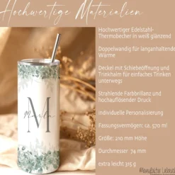 Personalisierter Edelstahl Thermobecher mit Namen & Initialen Eukalyptus Design Kaffeebecher to go mit Strohhalm Geschenk für Frauen Mädchen