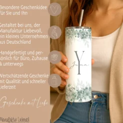 Personalisierter Edelstahl Thermobecher mit Namen & Initialen Eukalyptus Design Kaffeebecher to go mit Strohhalm Geschenk für Frauen Mädchen