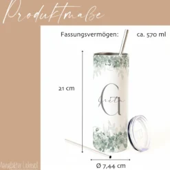 Personalisierter Edelstahl Thermobecher mit Namen & Initialen Eukalyptus Design Kaffeebecher to go mit Strohhalm Geschenk für Frauen Mädchen