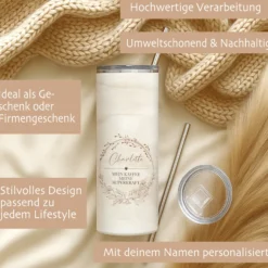 Personalisierter Edelstahl-Thermobecher mit Namen & Wunschtext, Boho Kaffeebecher to go, Geschenk für Frauen, Beste Freundin, Kollegin