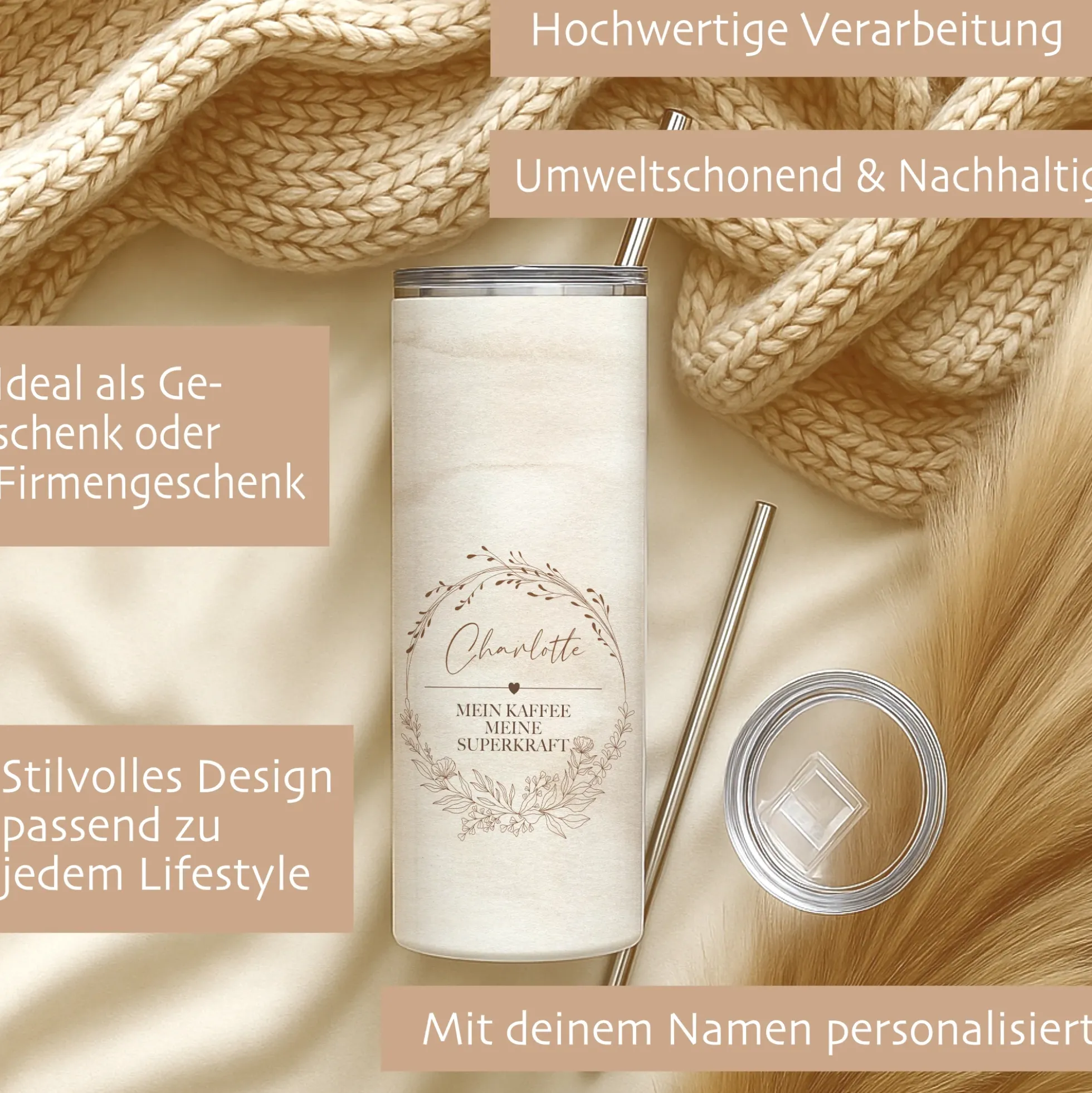 Personalisierter Edelstahl-Thermobecher mit Namen & Wunschtext, Boho Kaffeebecher to go, Geschenk für Frauen, Beste Freundin, Kollegin