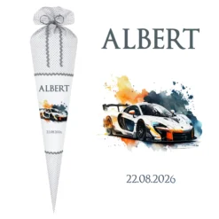 Personalisierte Rennauto Schultüte Stoff Zuckertüte mit Namen und Datum Einschulungstüte 70 cm | Optional mit Füllkissen und Spitzenschutz