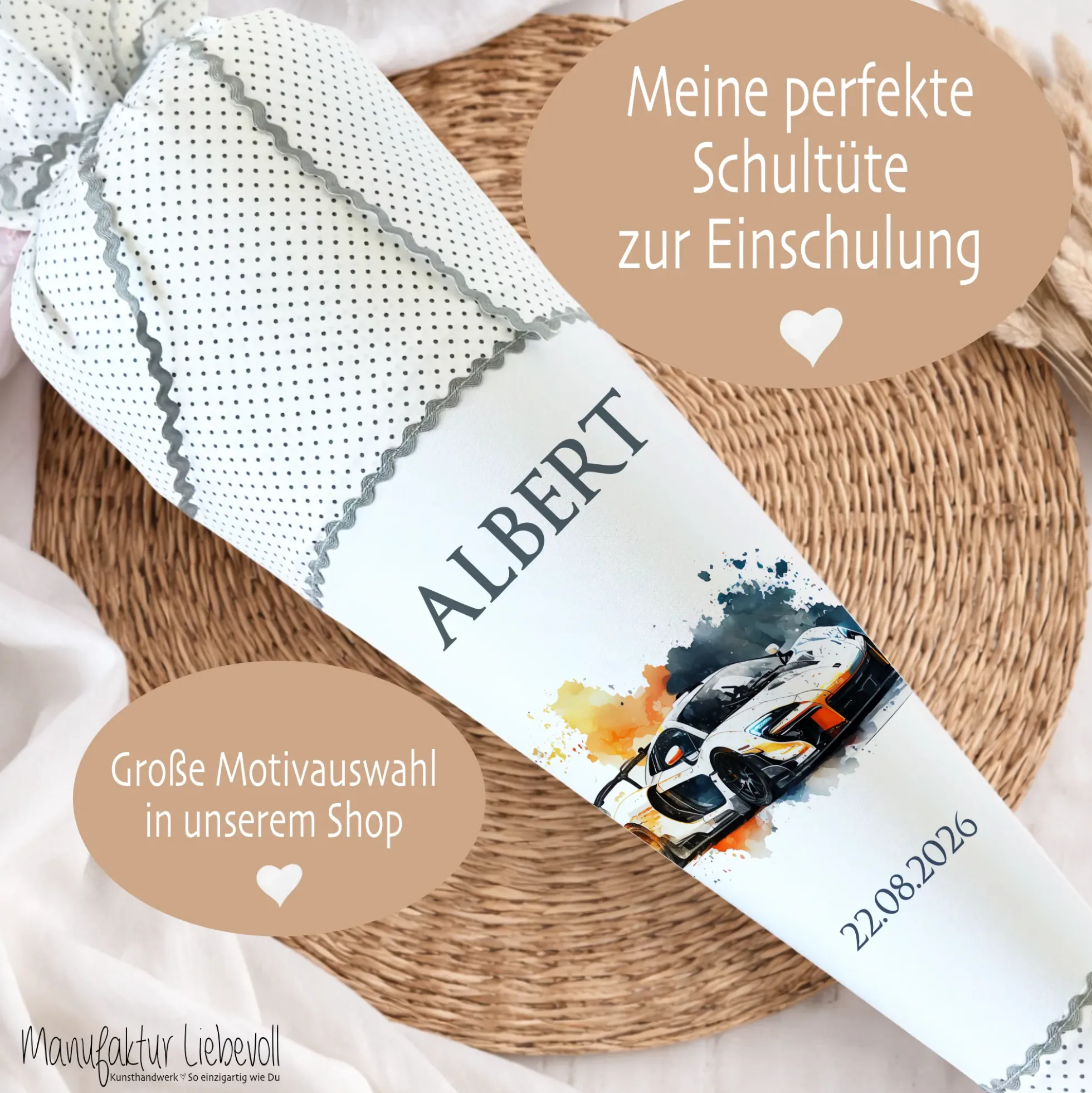 Personalisierte Rennauto Schultüte Stoff Zuckertüte mit Namen und Datum Einschulungstüte 70 cm | Optional mit Füllkissen und Spitzenschutz