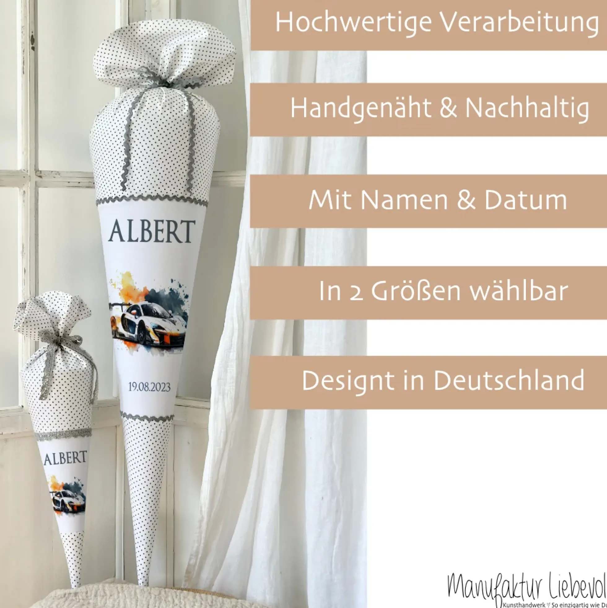 Personalisierte Rennauto Schultüte Stoff Zuckertüte mit Namen und Datum Einschulungstüte 70 cm | Optional mit Füllkissen und Spitzenschutz