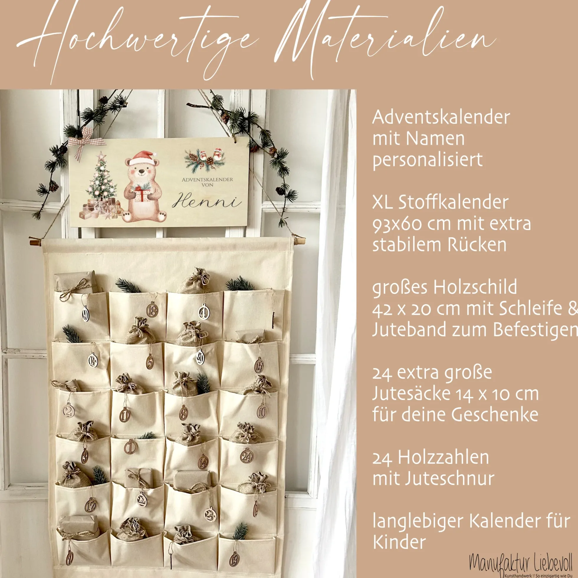 Personalisierter Kinder Adventskalender "Bär" mit Namen Holzschild Zahlen & Jutesäckchen Adventskalender aus Stoff Befüllen Mädchen Jungen