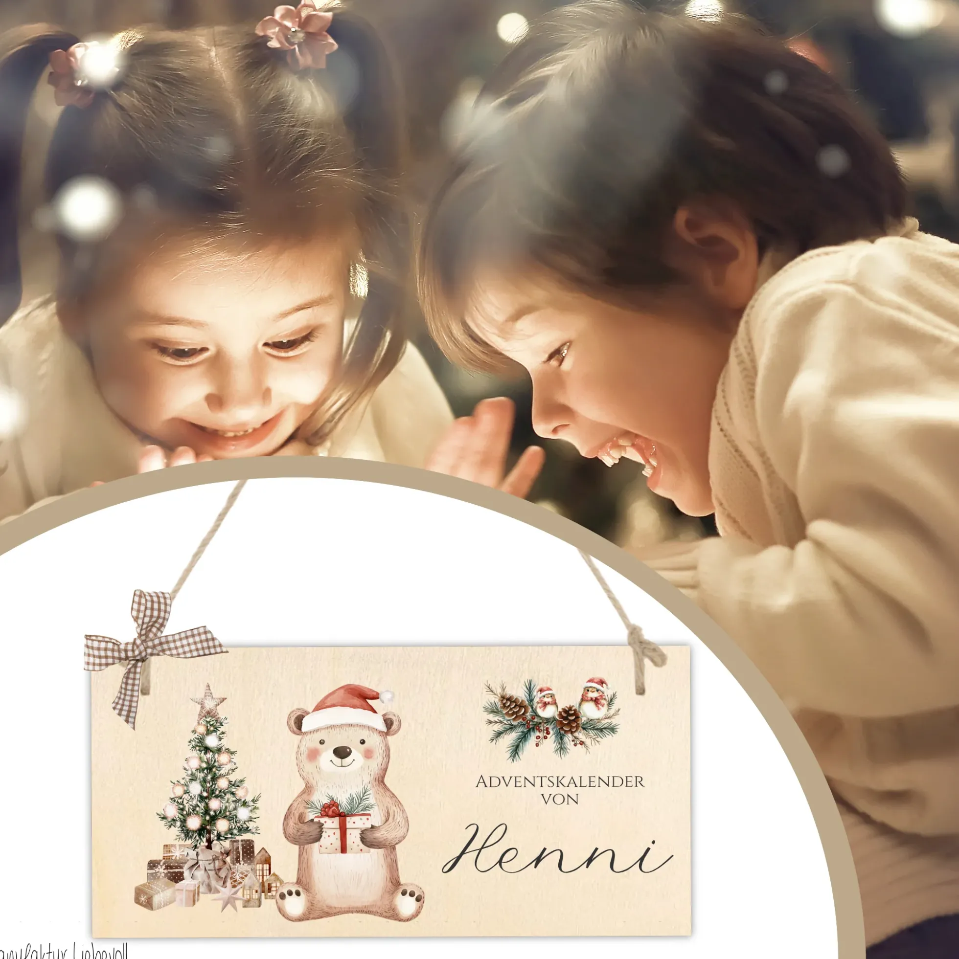 Personalisierter Kinder Adventskalender "Bär" mit Namen Holzschild Zahlen & Jutesäckchen Adventskalender aus Stoff Befüllen Mädchen Jungen