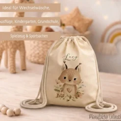 Personalisierter Kinder Turnbeutel mit Namen – Süße Waldtiere Motive im Boho-Stil – Robuster Rucksack in Canvas-Struktur für Kita & Schule