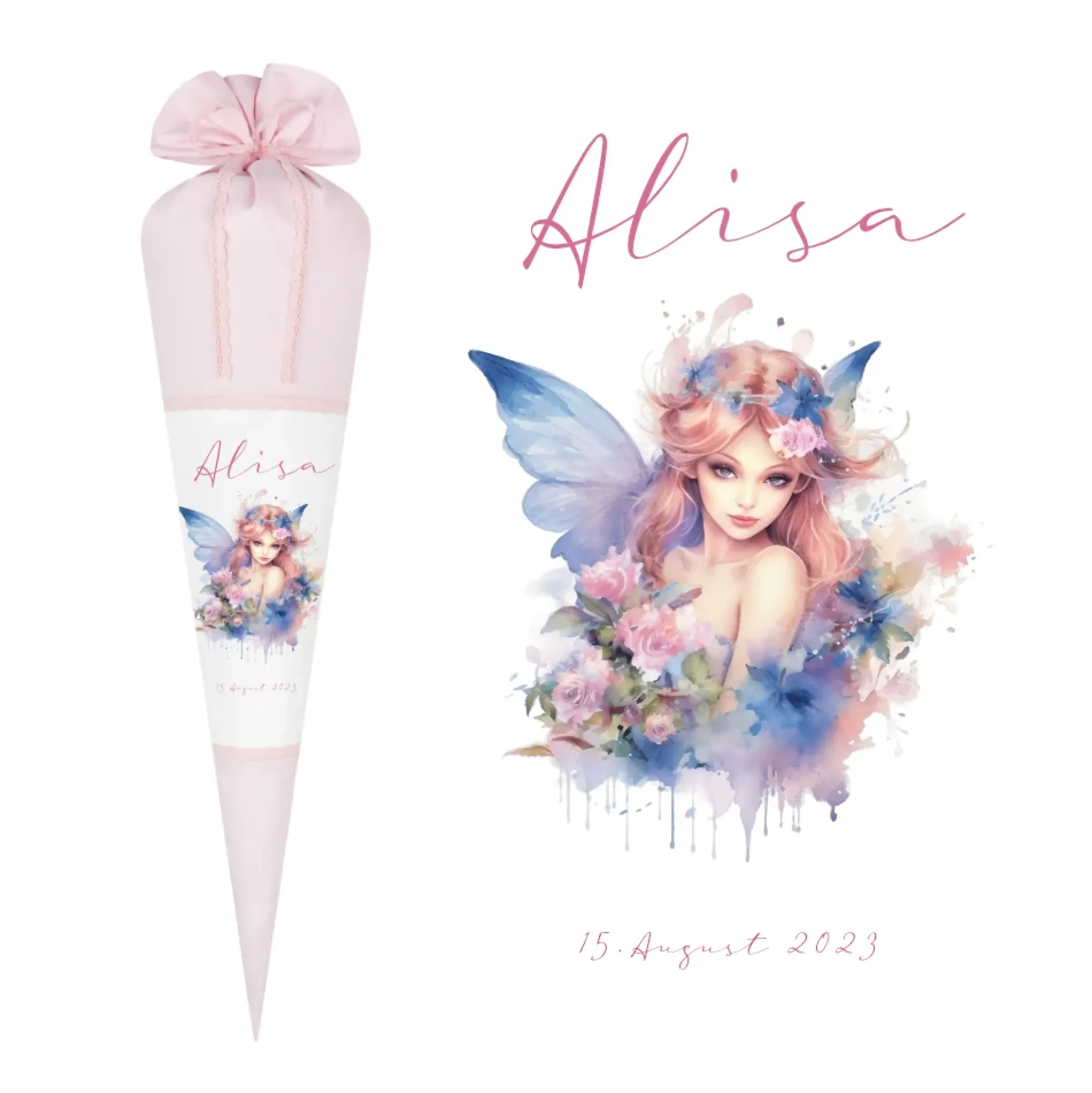 Personalisierte Rosa Fee Schultüte Stoff Mädchen Name Elfe Ballerina Blumen Boho Einschulungstüte Zuckertüte 70 cm | Optional mit Füllkissen und Spitzenschutz