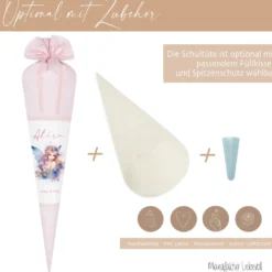 Personalisierte Rosa Fee Schultüte Stoff Mädchen Name Elfe Ballerina Blumen Boho Einschulungstüte Zuckertüte 70 cm | Optional mit Füllkissen und Spitzenschutz