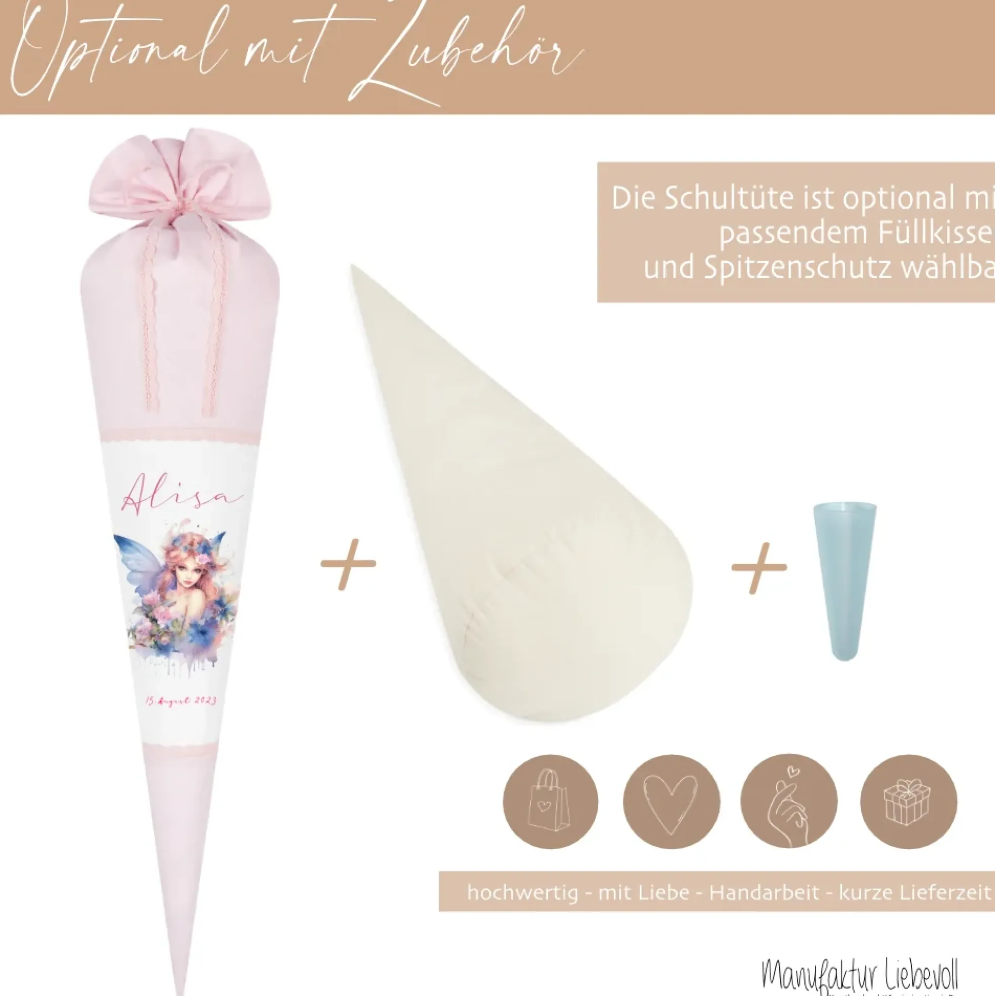 Personalisierte Rosa Fee Schultüte Stoff Mädchen Name Elfe Ballerina Blumen Boho Einschulungstüte Zuckertüte 70 cm | Optional mit Füllkissen und Spitzenschutz