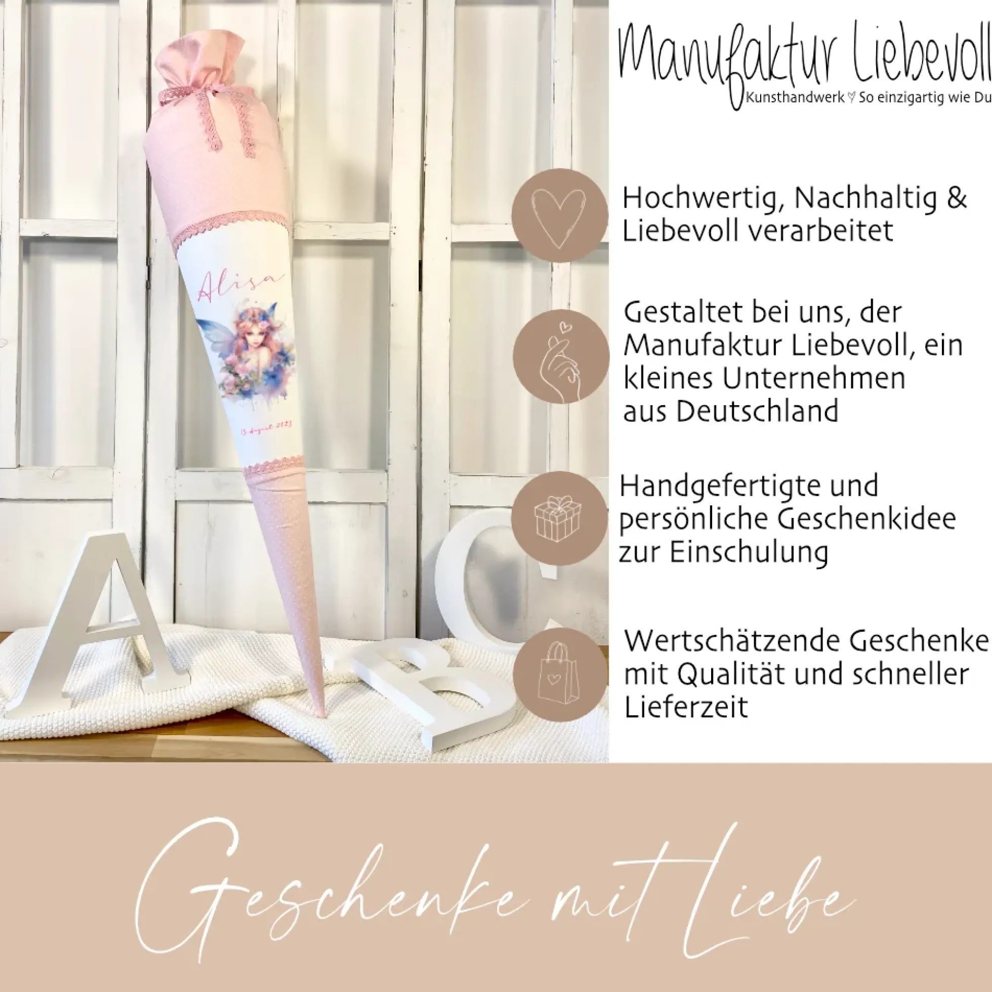 Personalisierte Rosa Fee Schultüte Stoff Mädchen Name Elfe Ballerina Blumen Boho Einschulungstüte Zuckertüte 70 cm | Optional mit Füllkissen und Spitzenschutz