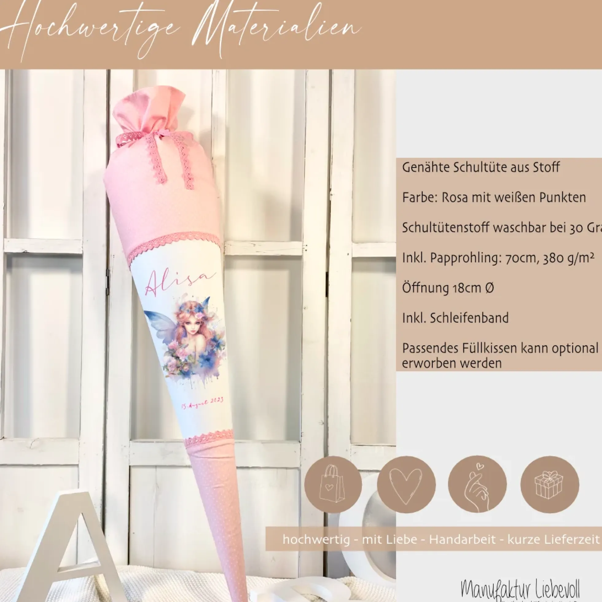 Personalisierte Rosa Fee Schultüte Stoff Mädchen Name Elfe Ballerina Blumen Boho Einschulungstüte Zuckertüte 70 cm | Optional mit Füllkissen und Spitzenschutz