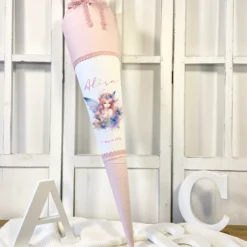 Personalisierte Rosa Fee Schultüte Stoff Mädchen Name Elfe Ballerina Blumen Boho Einschulungstüte Zuckertüte 70 cm | Optional mit Füllkissen und Spitzenschutz