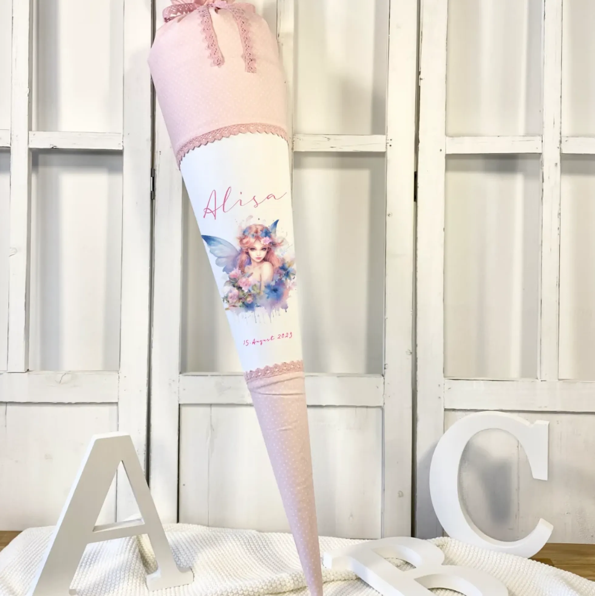 Personalisierte Rosa Fee Schultüte Stoff Mädchen Name Elfe Ballerina Blumen Boho Einschulungstüte Zuckertüte 70 cm | Optional mit Füllkissen und Spitzenschutz