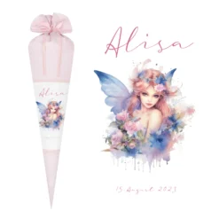 Personalisierte Rosa Fee Schultüte Stoff Mädchen Name Elfe Ballerina Blumen Boho Einschulungstüte Zuckertüte 70 cm | Optional mit Füllkissen und Spitzenschutz
