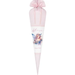 Personalisierte Rosa Fee Schultüte Stoff Mädchen Name Elfe Ballerina Blumen Boho Einschulungstüte Zuckertüte 70 cm | Optional mit Füllkissen und Spitzenschutz