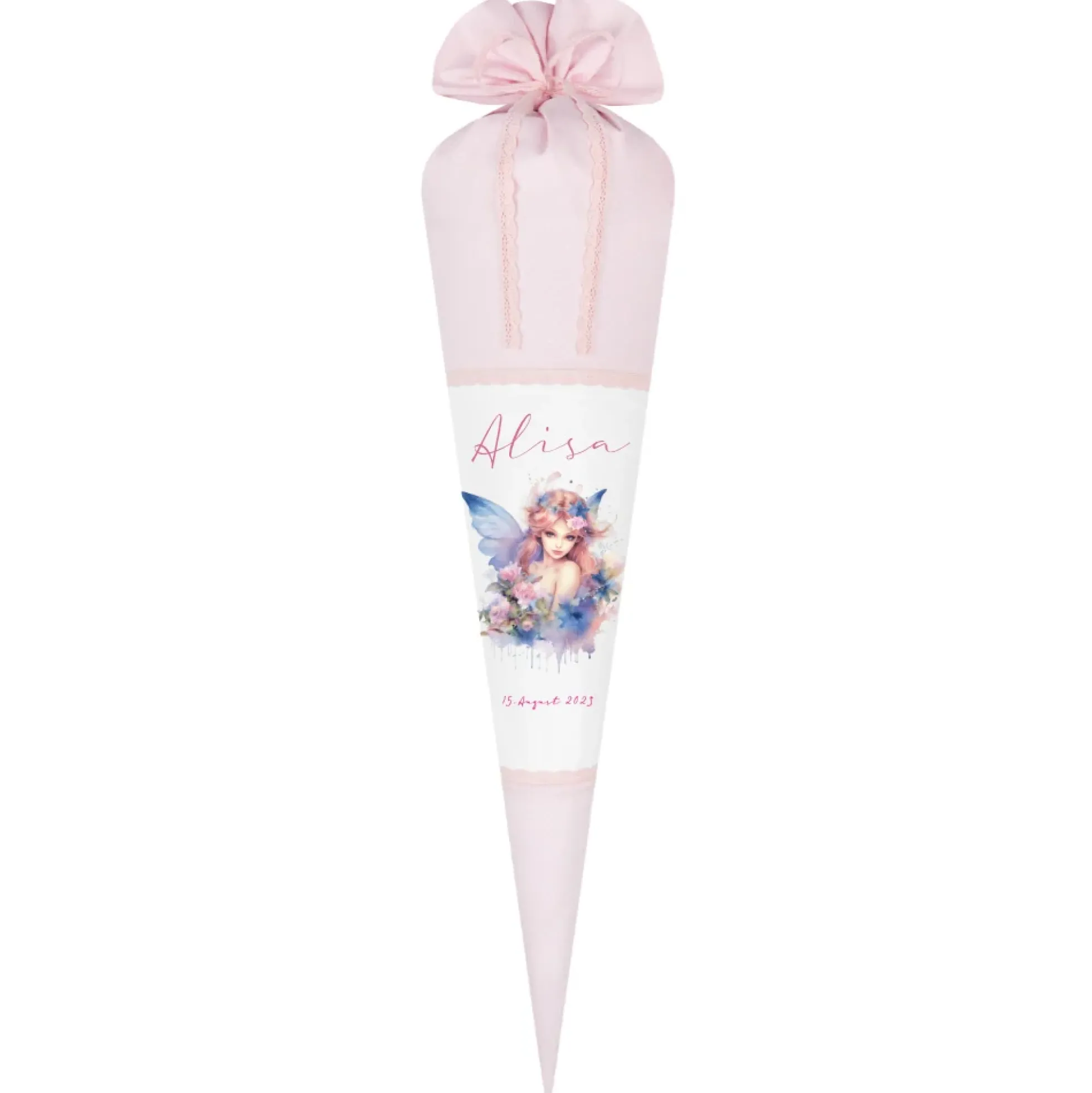 Personalisierte Rosa Fee Schultüte Stoff Mädchen Name Elfe Ballerina Blumen Boho Einschulungstüte Zuckertüte 70 cm | Optional mit Füllkissen und Spitzenschutz
