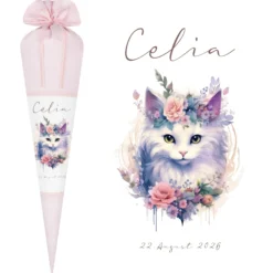 Personalisierte Rosa Stoff Schultüte Katze Mädchen Name Blumen Boho Vintage Einschulungstüte Zuckertüte 70 cm | Optional mit Füllkissen und Spitzenschutz