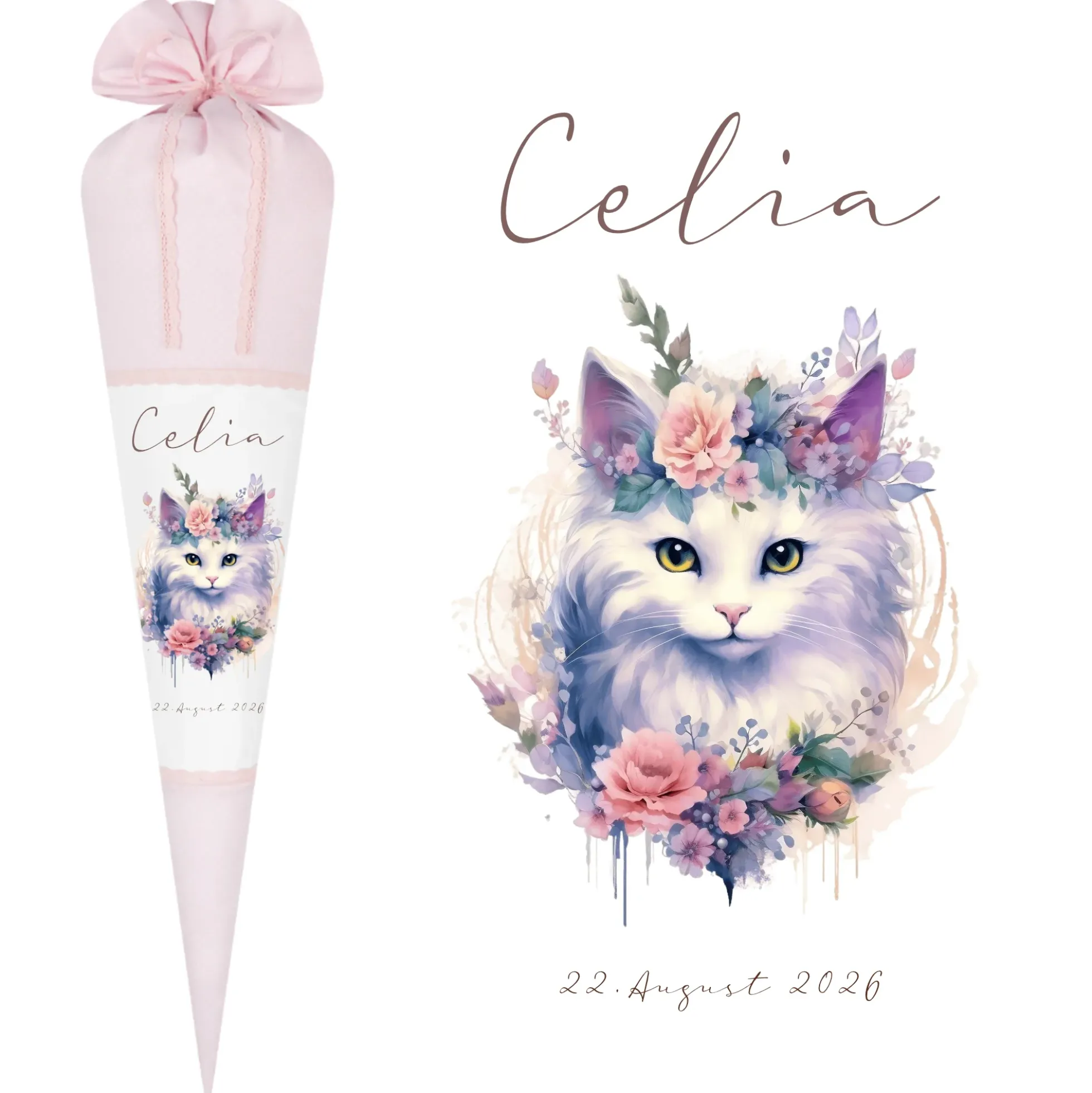 Personalisierte Rosa Stoff Schultüte Katze Mädchen Name Blumen Boho Vintage Einschulungstüte Zuckertüte 70 cm | Optional mit Füllkissen und Spitzenschutz