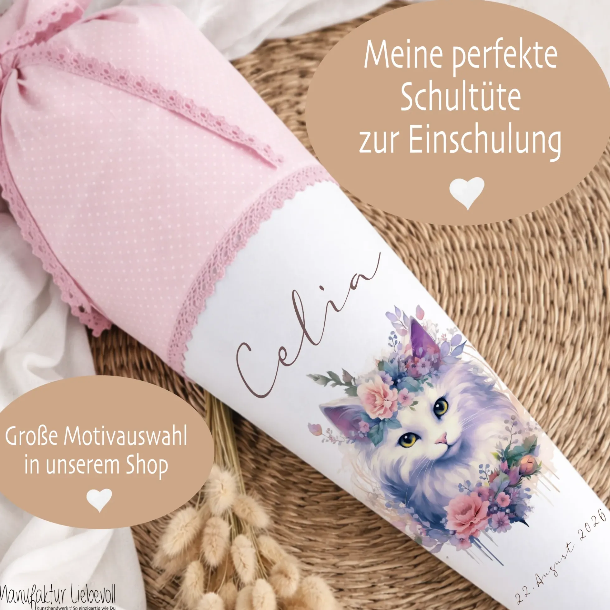 Personalisierte Rosa Stoff Schultüte Katze Mädchen Name Blumen Boho Vintage Einschulungstüte Zuckertüte 70 cm | Optional mit Füllkissen und Spitzenschutz