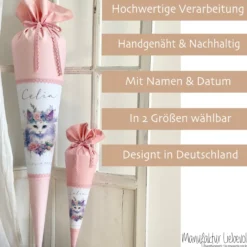Personalisierte Rosa Stoff Schultüte Katze Mädchen Name Blumen Boho Vintage Einschulungstüte Zuckertüte 70 cm | Optional mit Füllkissen und Spitzenschutz