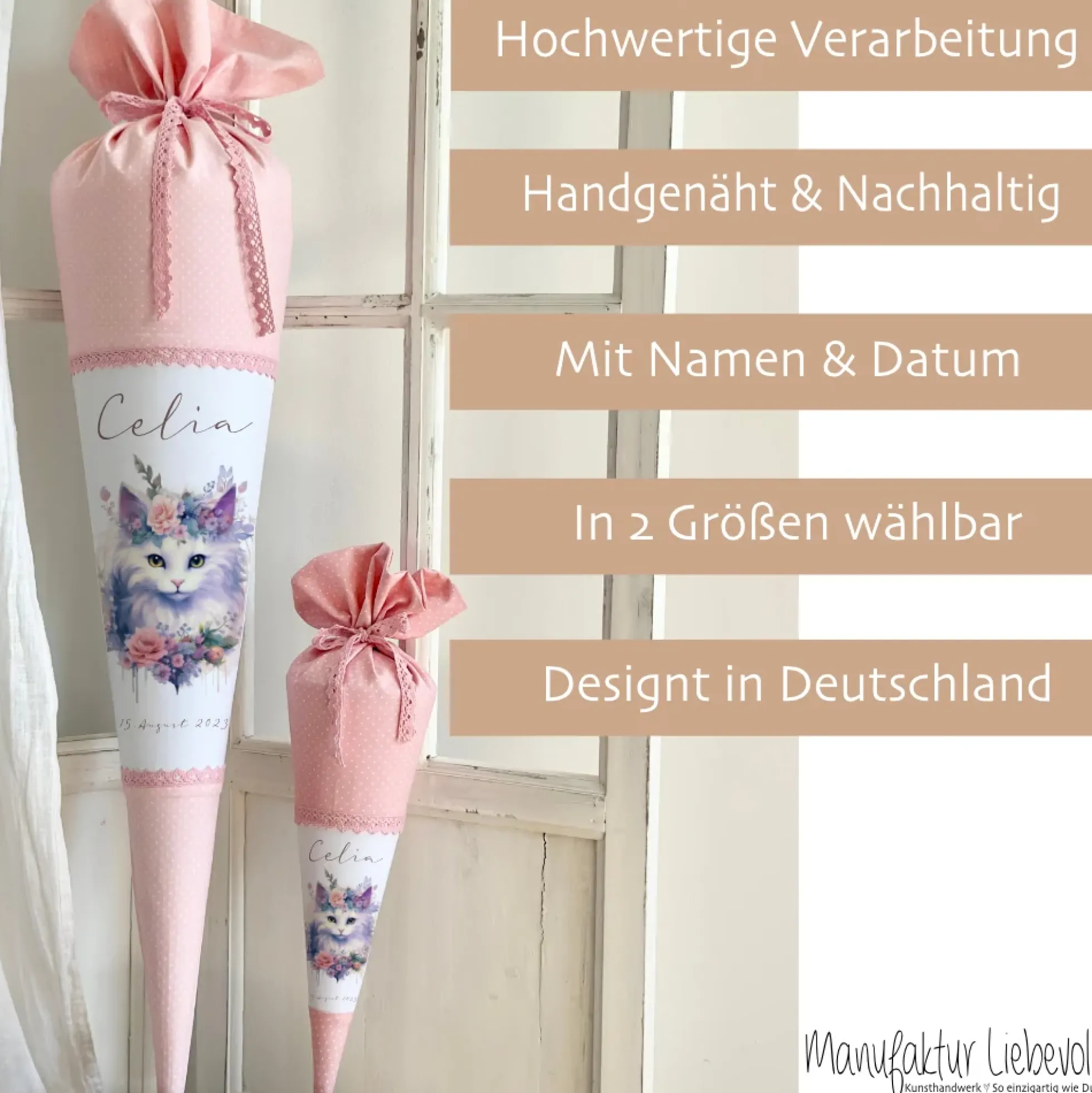 Personalisierte Rosa Stoff Schultüte Katze Mädchen Name Blumen Boho Vintage Einschulungstüte Zuckertüte 70 cm | Optional mit Füllkissen und Spitzenschutz