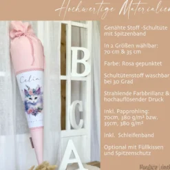 Personalisierte Rosa Stoff Schultüte Katze Mädchen Name Blumen Boho Vintage Einschulungstüte Zuckertüte 70 cm | Optional mit Füllkissen und Spitzenschutz