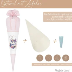 Personalisierte Rosa Stoff Schultüte Katze Mädchen Name Blumen Boho Vintage Einschulungstüte Zuckertüte 70 cm | Optional mit Füllkissen und Spitzenschutz