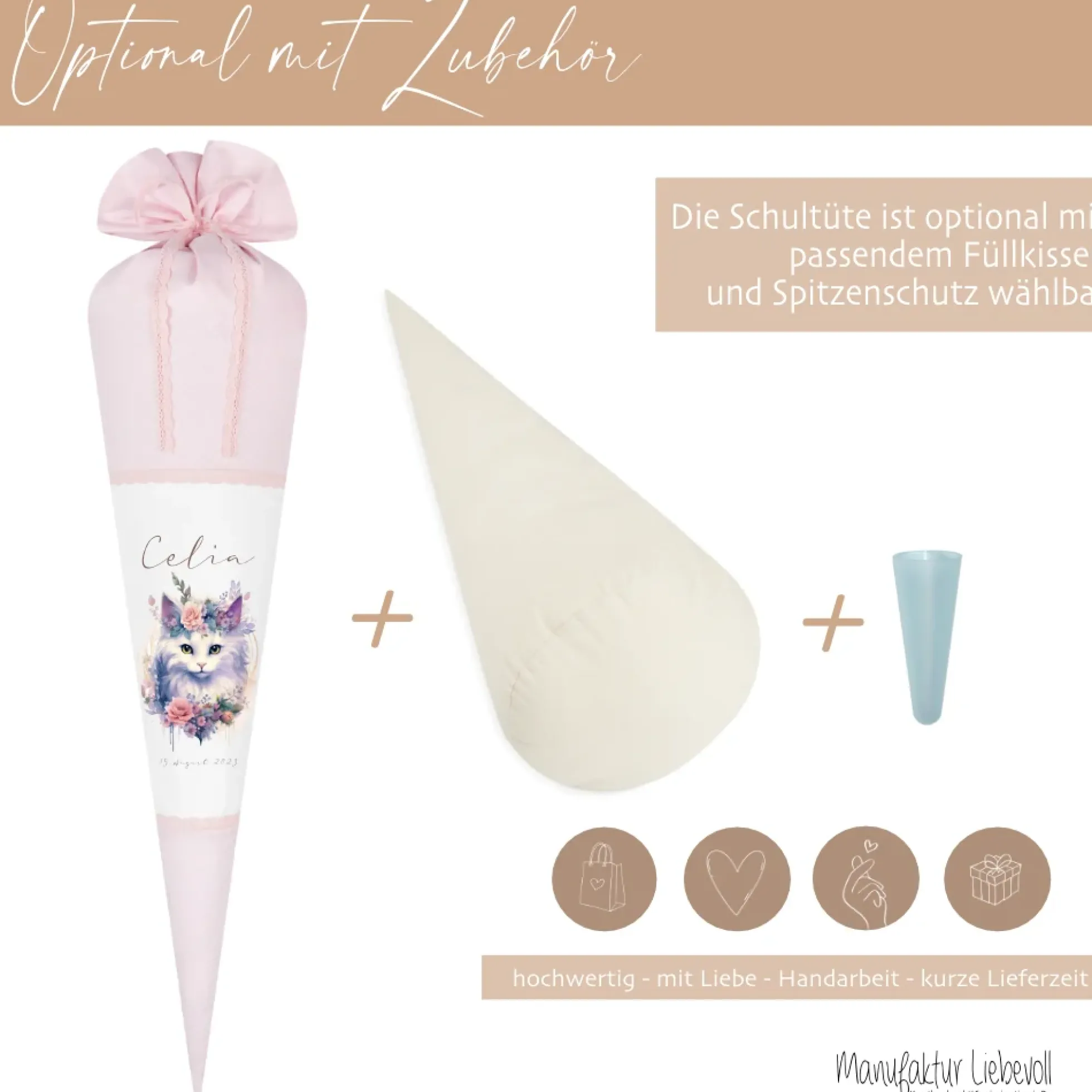 Personalisierte Rosa Stoff Schultüte Katze Mädchen Name Blumen Boho Vintage Einschulungstüte Zuckertüte 70 cm | Optional mit Füllkissen und Spitzenschutz