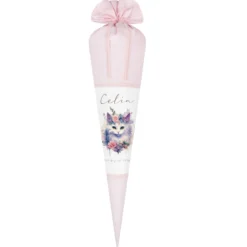 Personalisierte Rosa Stoff Schultüte Katze Mädchen Name Blumen Boho Vintage Einschulungstüte Zuckertüte 70 cm | Optional mit Füllkissen und Spitzenschutz