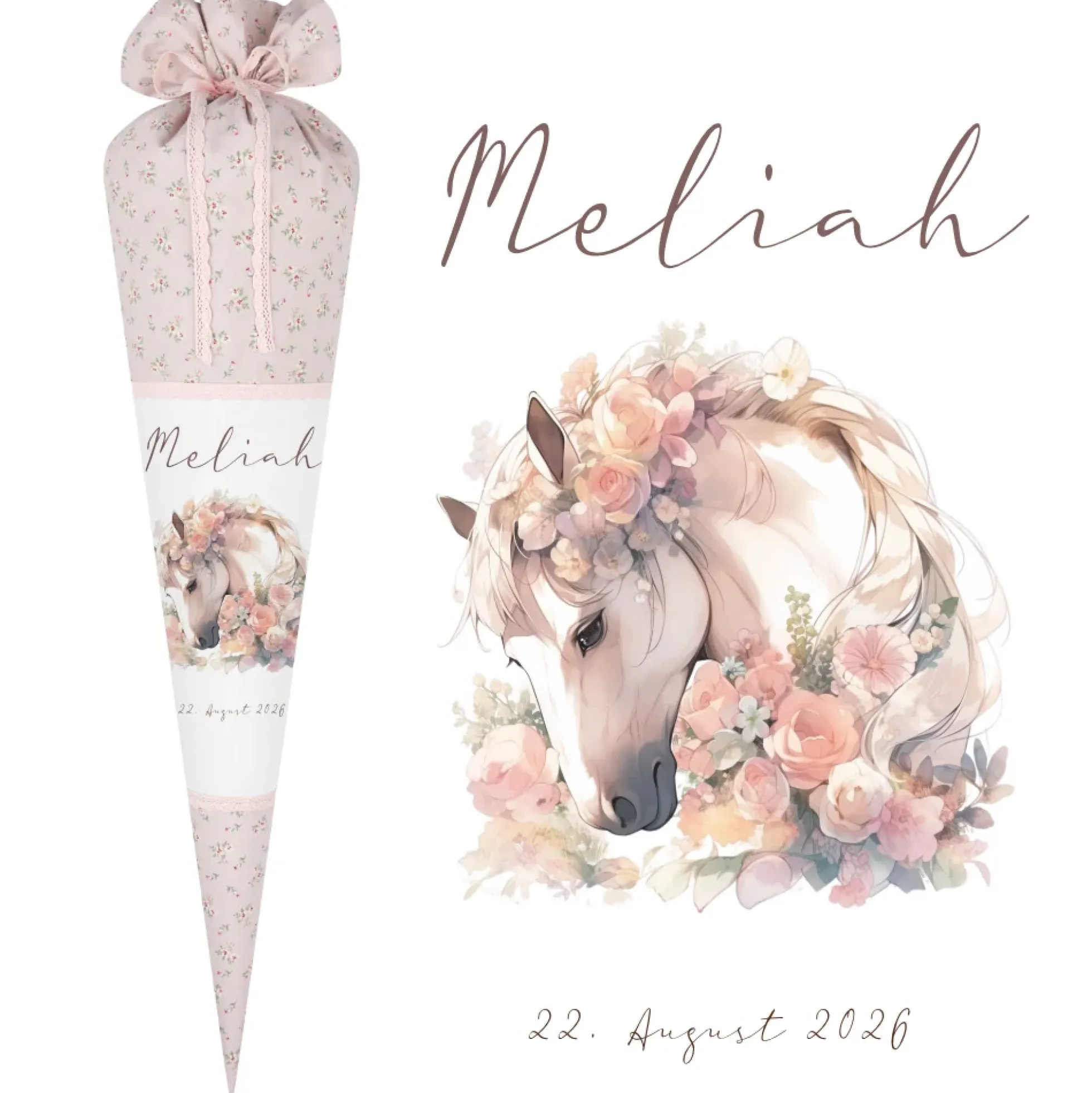 Personalisierte rosa Stoff Zuckertüte Pferd Schultüte Pony für Mädchen mit Namen Einschulungstüte Einschulung Datum Blumen Füllkissen 70 cm I Optional mit Füllkissen und Spitzenschutz