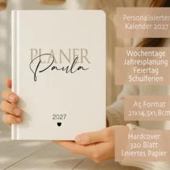 Personalisierter Terminplaner 2027 Din A5 | Hardcover Buchkalender mit Name | Weißes Cover, Modernes Design