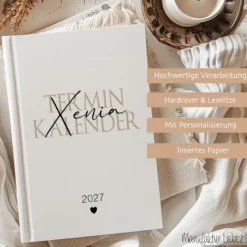 Personalisierter Terminplaner 2027 Din A5 | Hardcover Buchkalender mit Name | Weißes Cover, Modernes Design
