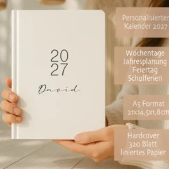 Personalisierter Terminplaner 2027 Din A5 | Minimalistischer Buchkalender mit Name | Weißes Hardcover – Manufaktur Liebevoll