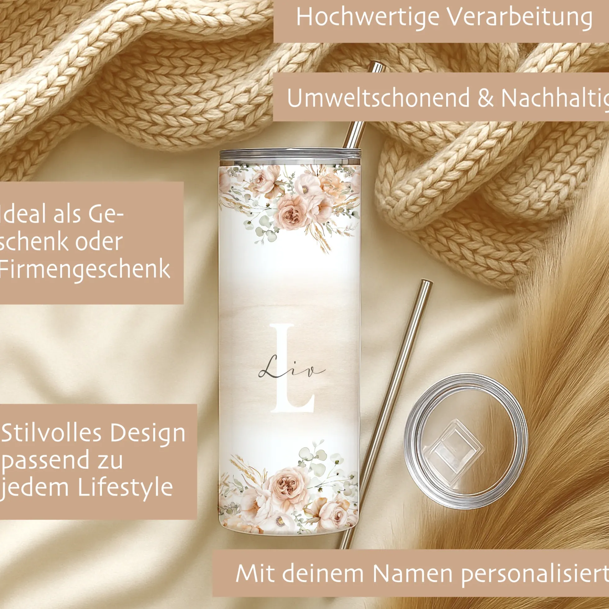 Personalisierter Thermobecher mit Namen & Initialen Boho Floral Edelstahl Kaffeebecher to go mit Strohhalm Geschenk für Frauen u. Mädchen