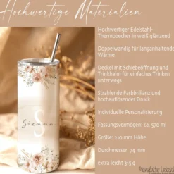 Personalisierter Thermobecher mit Namen & Initialen Boho Floral Edelstahl Kaffeebecher to go mit Strohhalm Geschenk für Frauen u. Mädchen