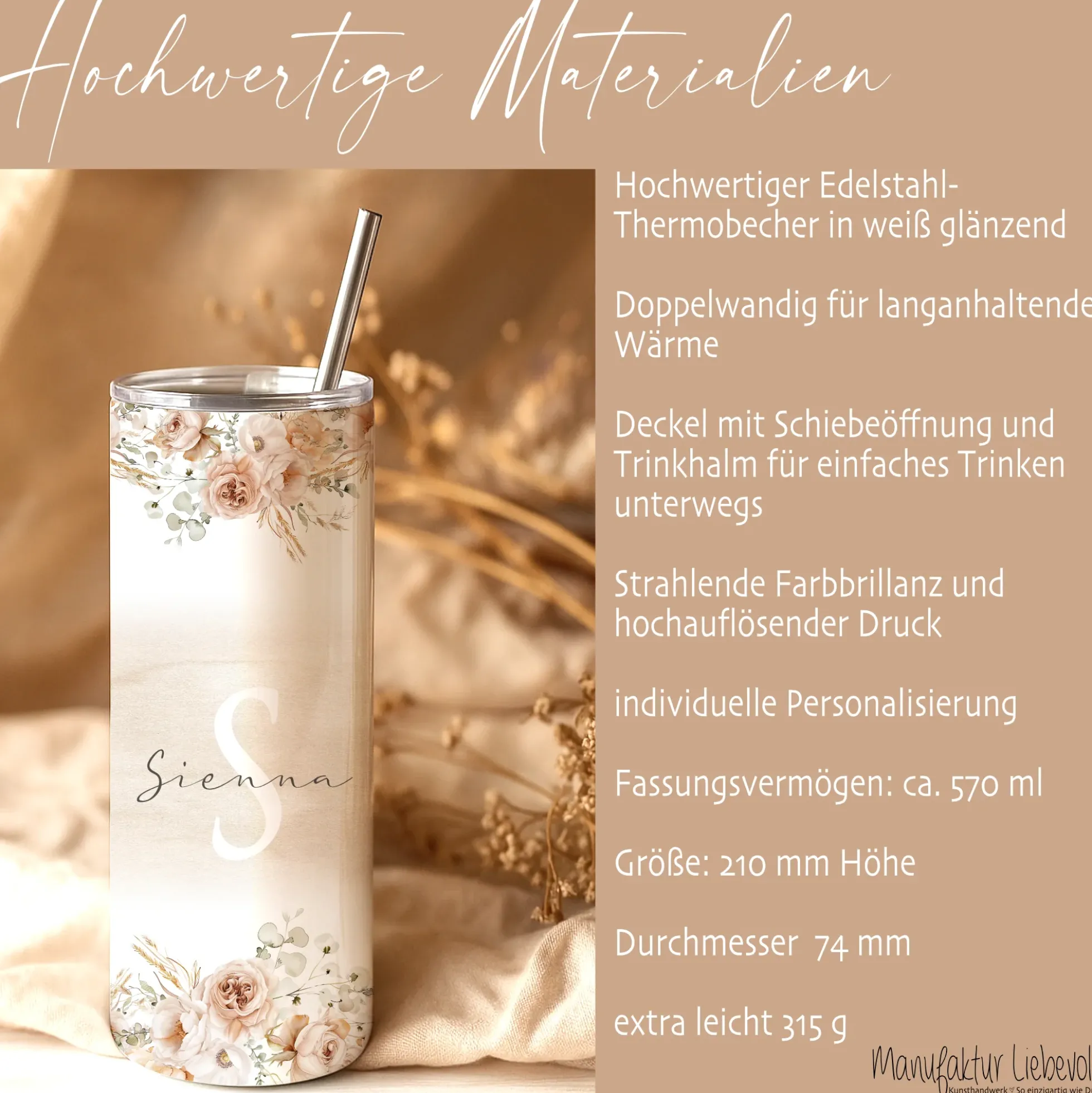 Personalisierter Thermobecher mit Namen & Initialen Boho Floral Edelstahl Kaffeebecher to go mit Strohhalm Geschenk für Frauen u. Mädchen