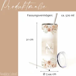 Personalisierter Thermobecher mit Namen & Initialen Boho Floral Edelstahl Kaffeebecher to go mit Strohhalm Geschenk für Frauen u. Mädchen