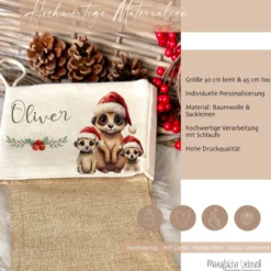 Personalisierter Weihnachtsstrumpf Erdmännchen für Mädchen, Jungen Teenager mit Namen zum Nikolaus und Weihnachten | Nikolausstrumpf Geschenkidee für Kinder I 7 Motivvarianten zur Auswahl