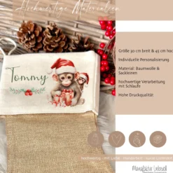 Personalisierter Weihnachtsstrumpf Äffchen für Mädchen u. Jungen mit Namen zum Nikolaus und Weihnachten | Nikolausstrumpf Geschenkidee für Kinder I 7 Motivvarianten zur Auswahl