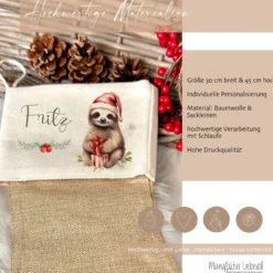 Personalisierter Weihnachtsstrumpf Faultier für Mädchen, Jungen, Teenager mit Namen zu Nikolaus und Weihnachten | Nikolausstrumpf Geschenkidee für Kinder I 7 Motivvarianten zur Auswahl