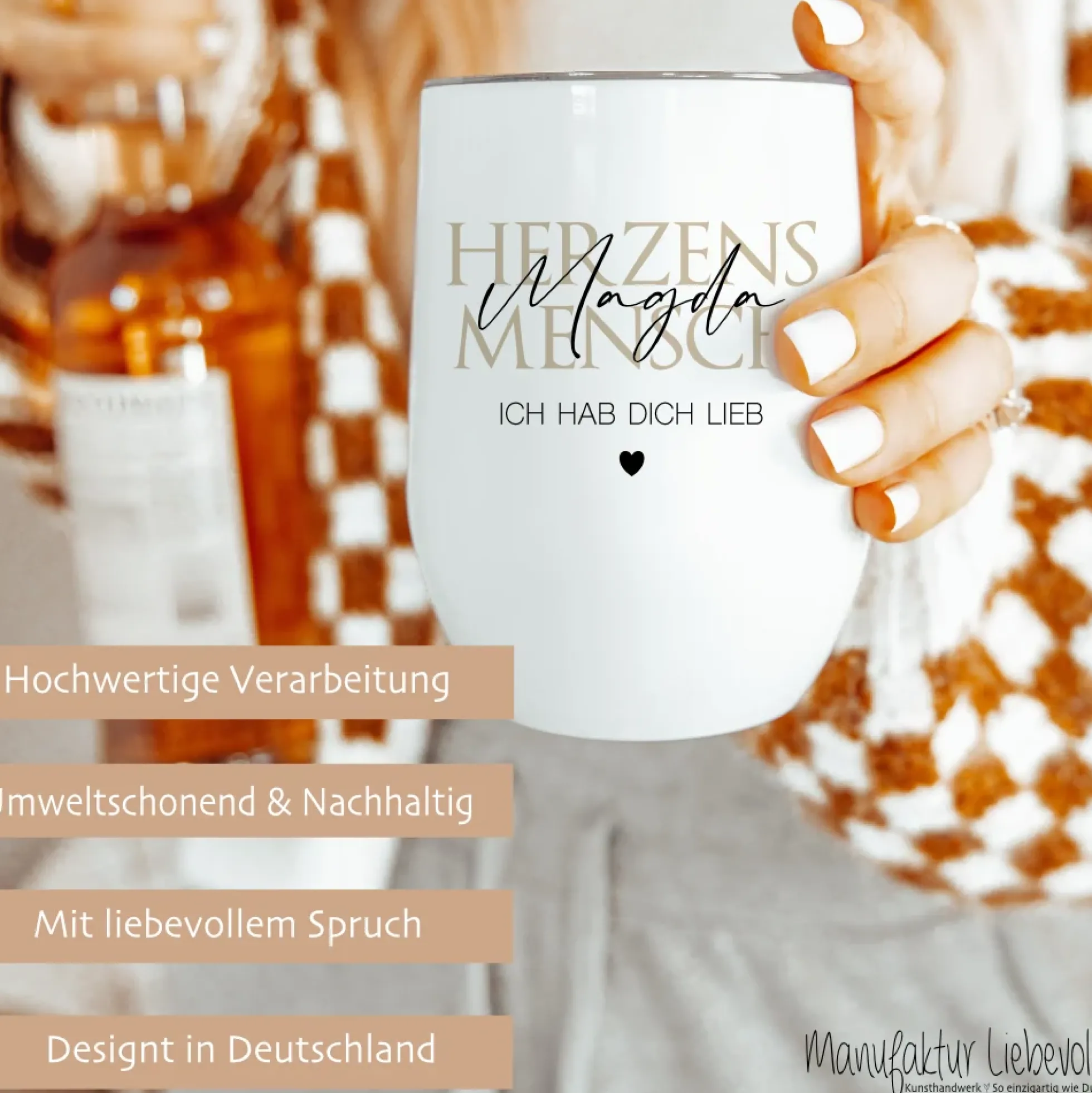 Personalisierter Weinbecher Herzensmensch und Wunschtext aus Edelstahl